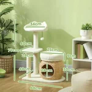 Albero tiragraffi per gatti 79 cm con 2 lettini, cuccia, piattaforma e palla gioco, crema bianco