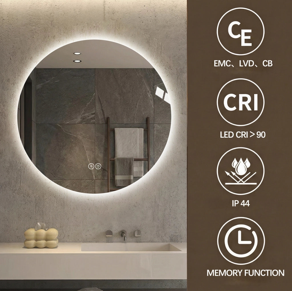 Specchio bagno rotondo ULEVR 80 cm con LED frontale e retroilluminazione, antiappannamento, luce dimmerabile