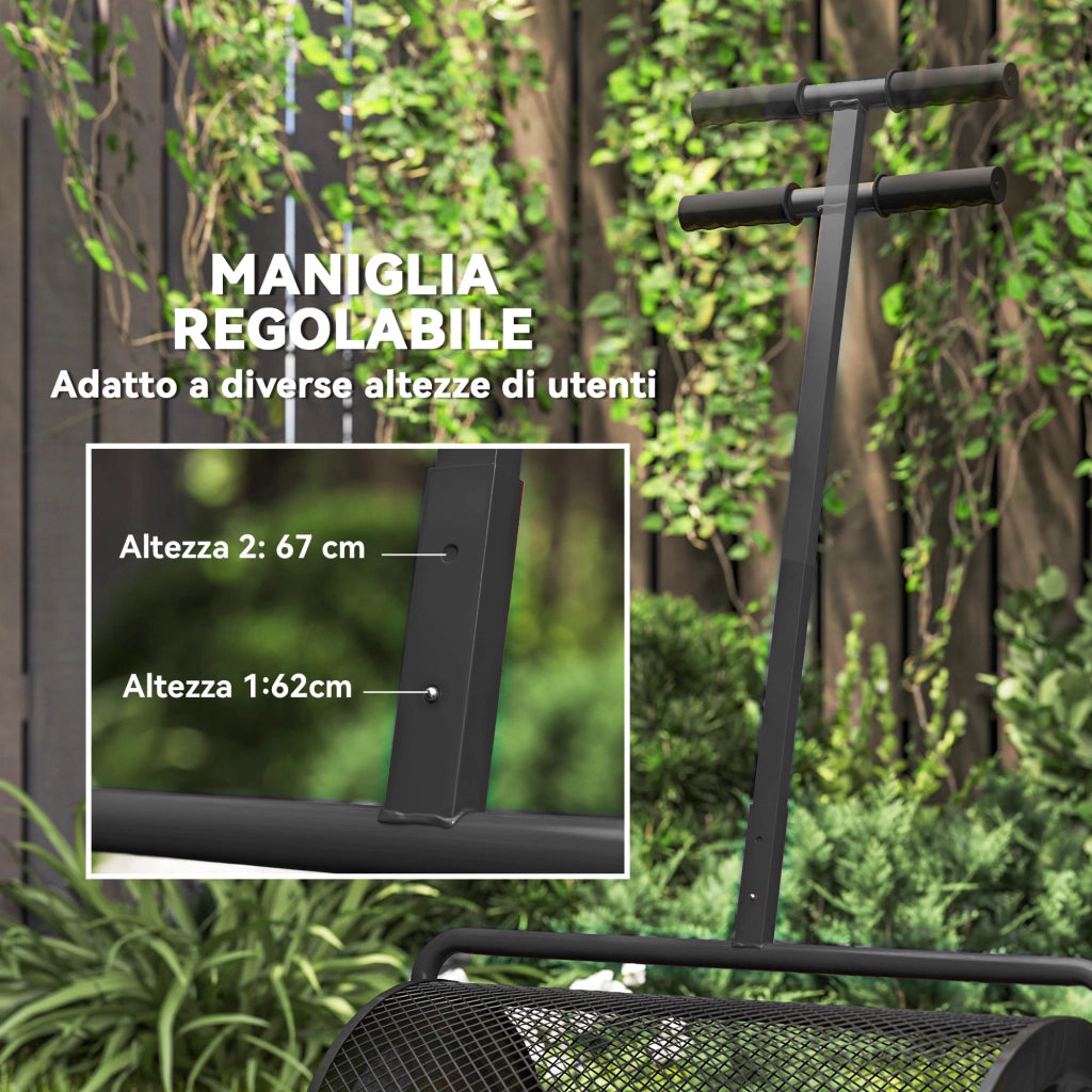 Spandiconcime da 75L in Metallo con Manico Regolabile a T e Maniglia Imbottita, 70x40x112 cm, Nero