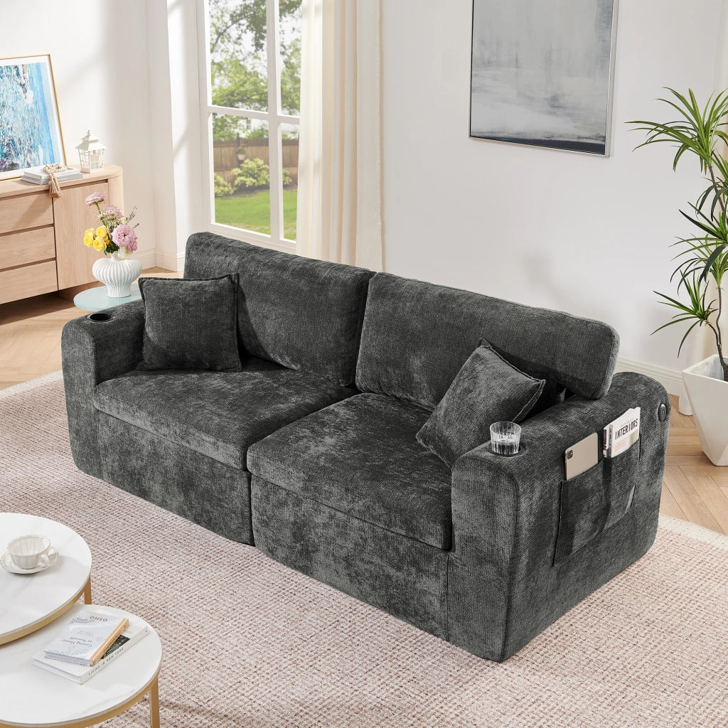 Divano relax 2 posti - con tasche laterali; portabicchieri e USB - in chenille nera