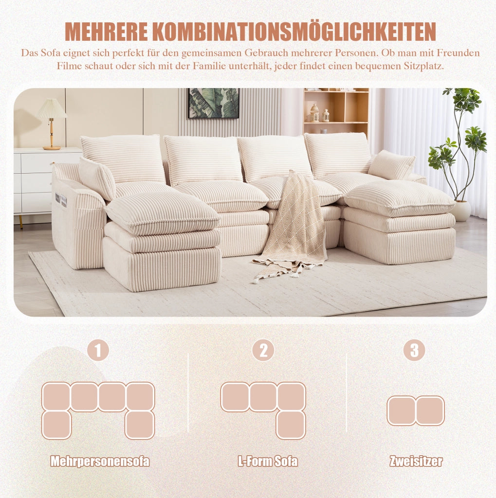 Divano modulare beige in velluto a coste con tasche laterali e molle interne