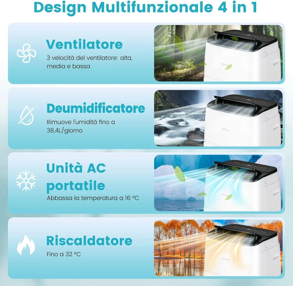 Condizionatore Portatile Caldo e Freddo, 14000BTU/4,1kW, 5 in 1 con Raffreddamento, Riscaldamento, Ventola, Deumidificazione, 24H Timer, R290 (14000BTU|28m²+|Pro)