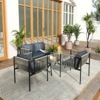 Set Salotto da Giardino in Rattan con 2 Poltrone, Divanetto 2 Posti e Tavolino da Caffè in Vetro, Grigio