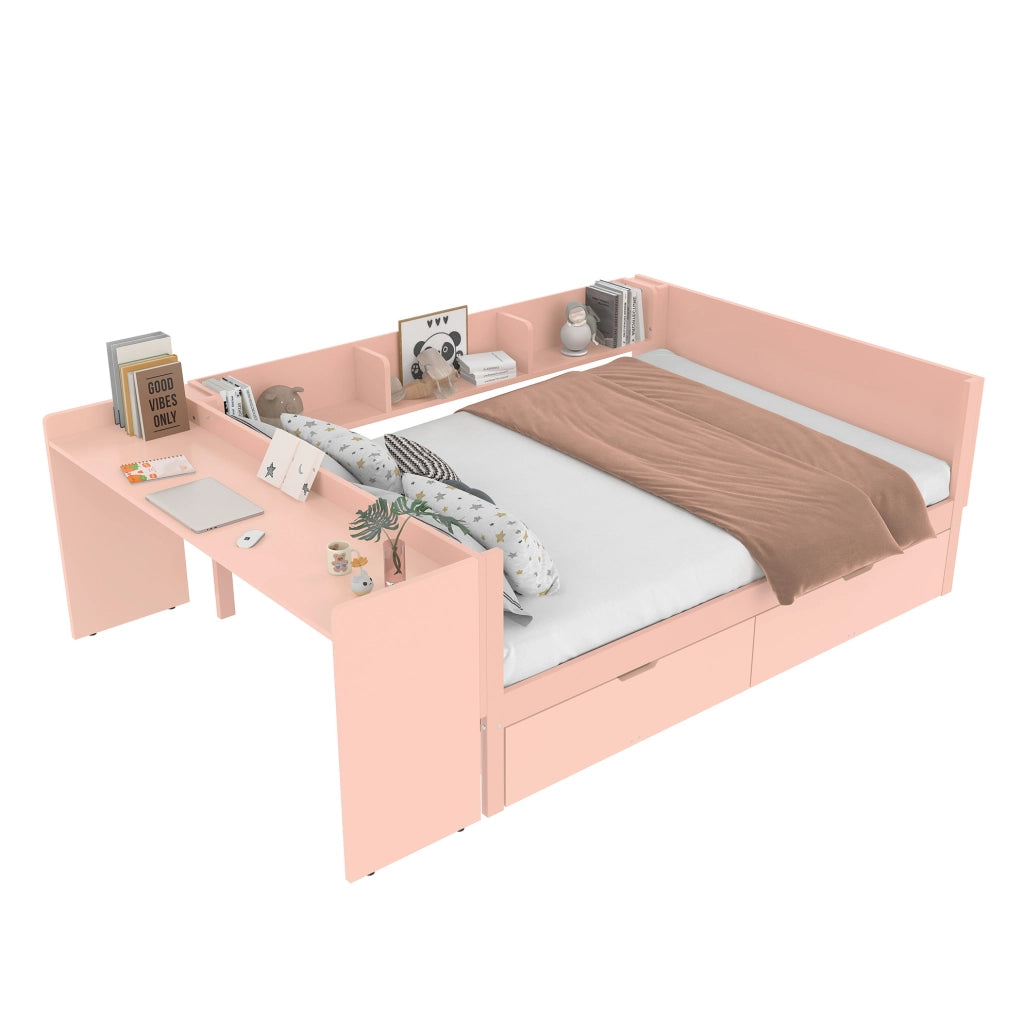 Letto matrimoniale 140x200 cm con scrivania, scaffali e 2 cassetti rosa