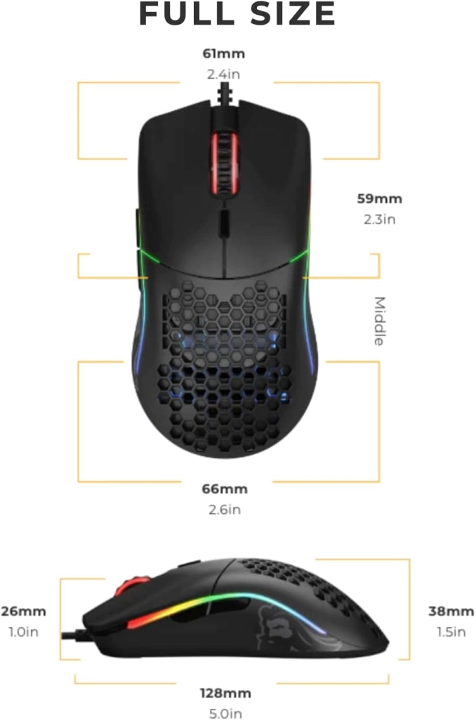 Gaming Model O Mouse da gaming wired, superleggero 67 g, design a nido d'ape, RGB, sensore Pixart 3360, Omron Switches, ambidestro - Nero opaco