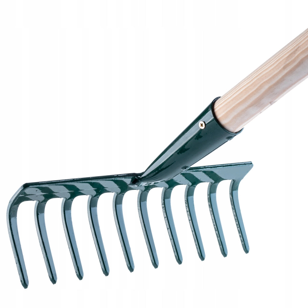 Rastrello per foglie KADAX per giardino, con manico in legno, lunghezza 138 cm, 10 denti, robusto.