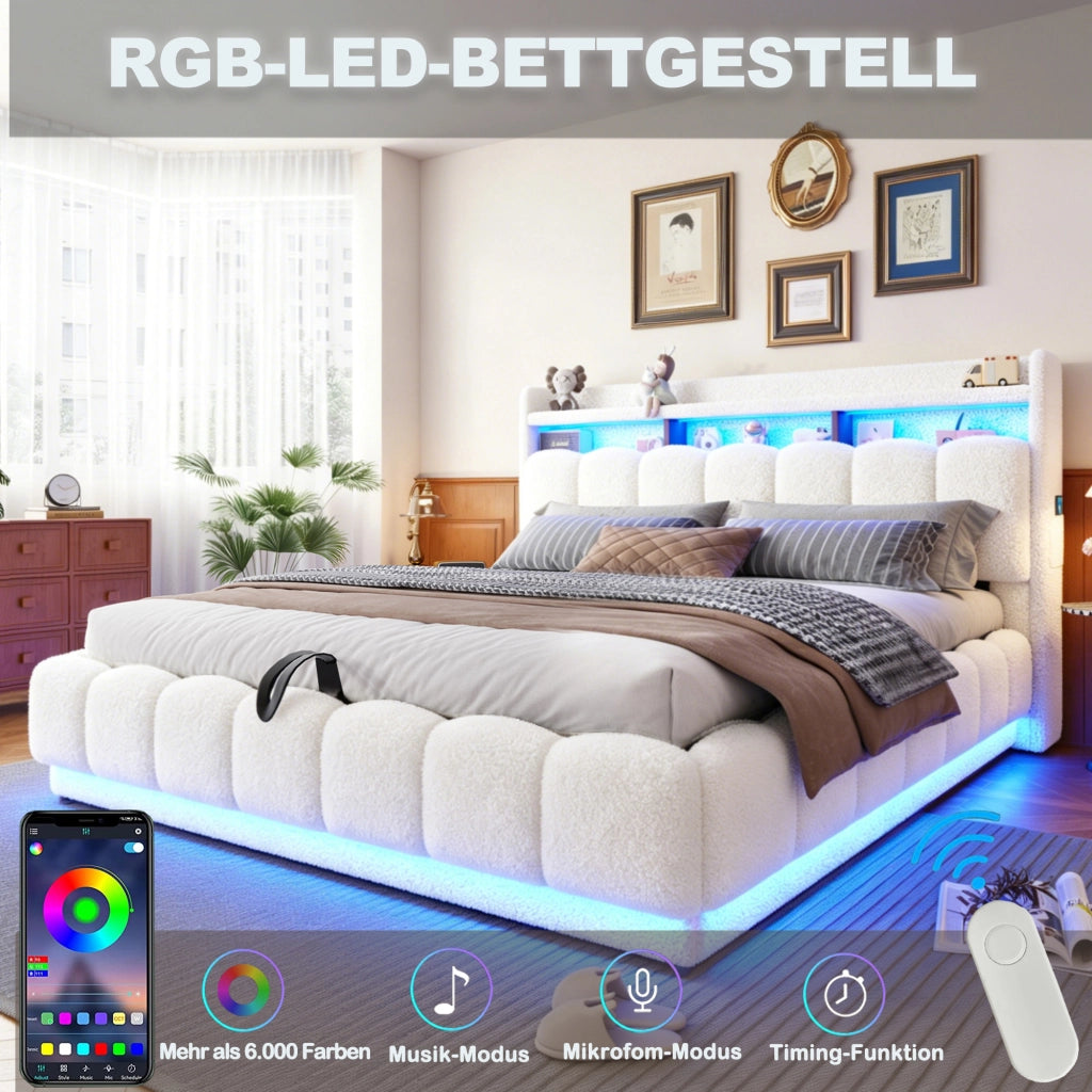 LETTO Contenitore 180x200 cm Bianco in tessuto boucl¨¦ con LED e USB