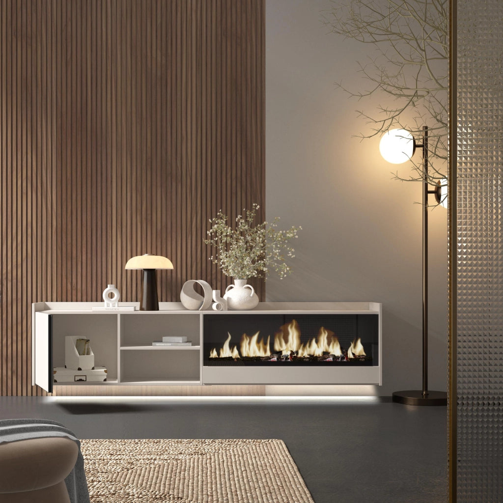 Mobile TV Soggiorno, 212x50x35 cm, Per TV fino a 80", Camino elettrico XXL, Sospeso, da appendere, LED, Beige
