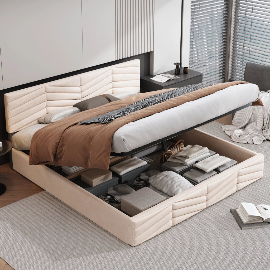Letti contenitori 160x200 cm; contenitore idraulico e testiera regolabile; velluto beige (Senza materasso)