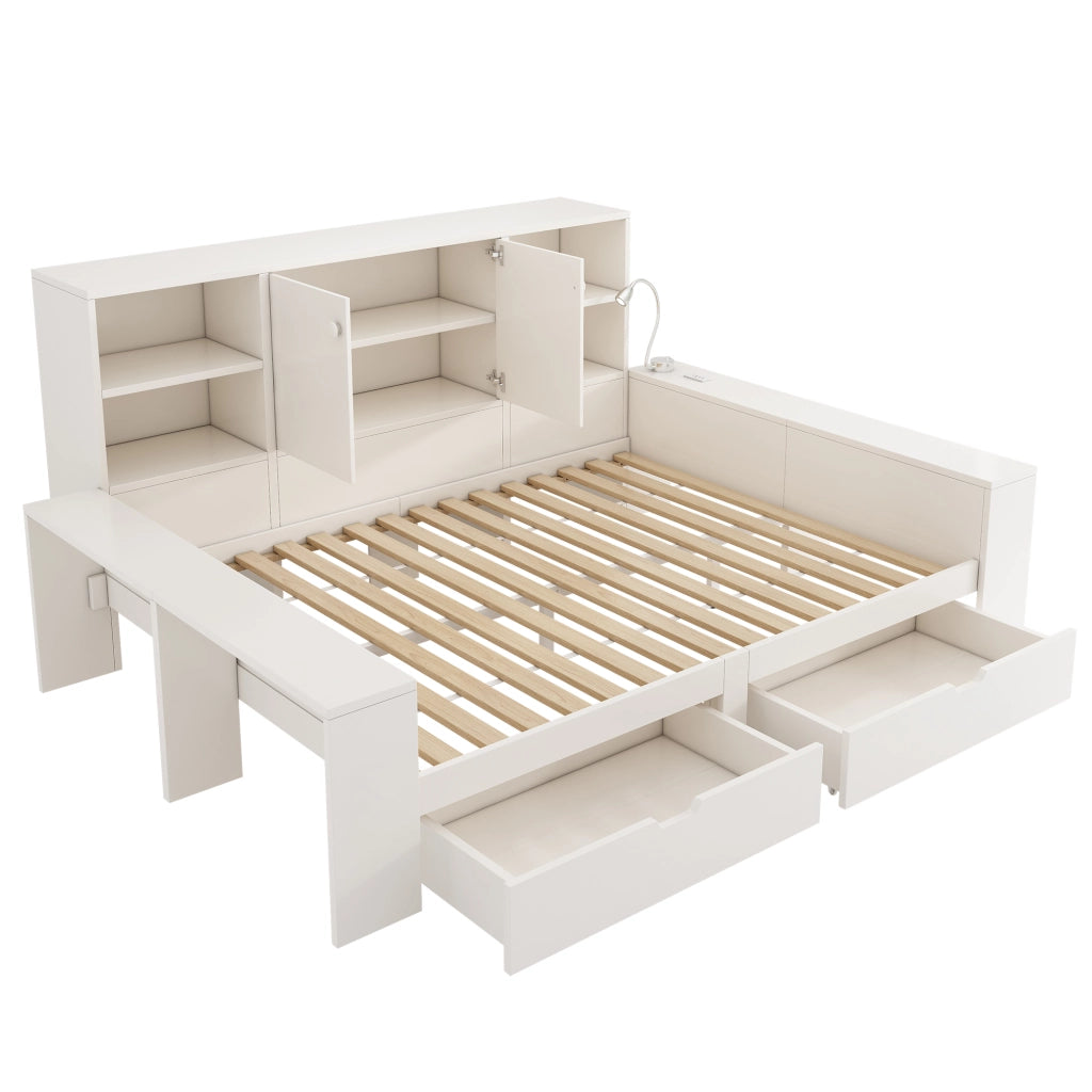 Letto contenitore 140x200cm bianco con cassetti, USB/Type-C, luce lettura, senza materasso