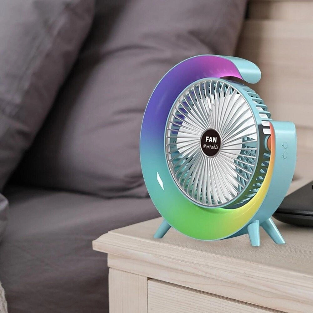 Trade Shop - Ventilatore Da Tavolo Usb 3 Velocita' Con Luce Rgb Compatto Silenzioso Portatile -