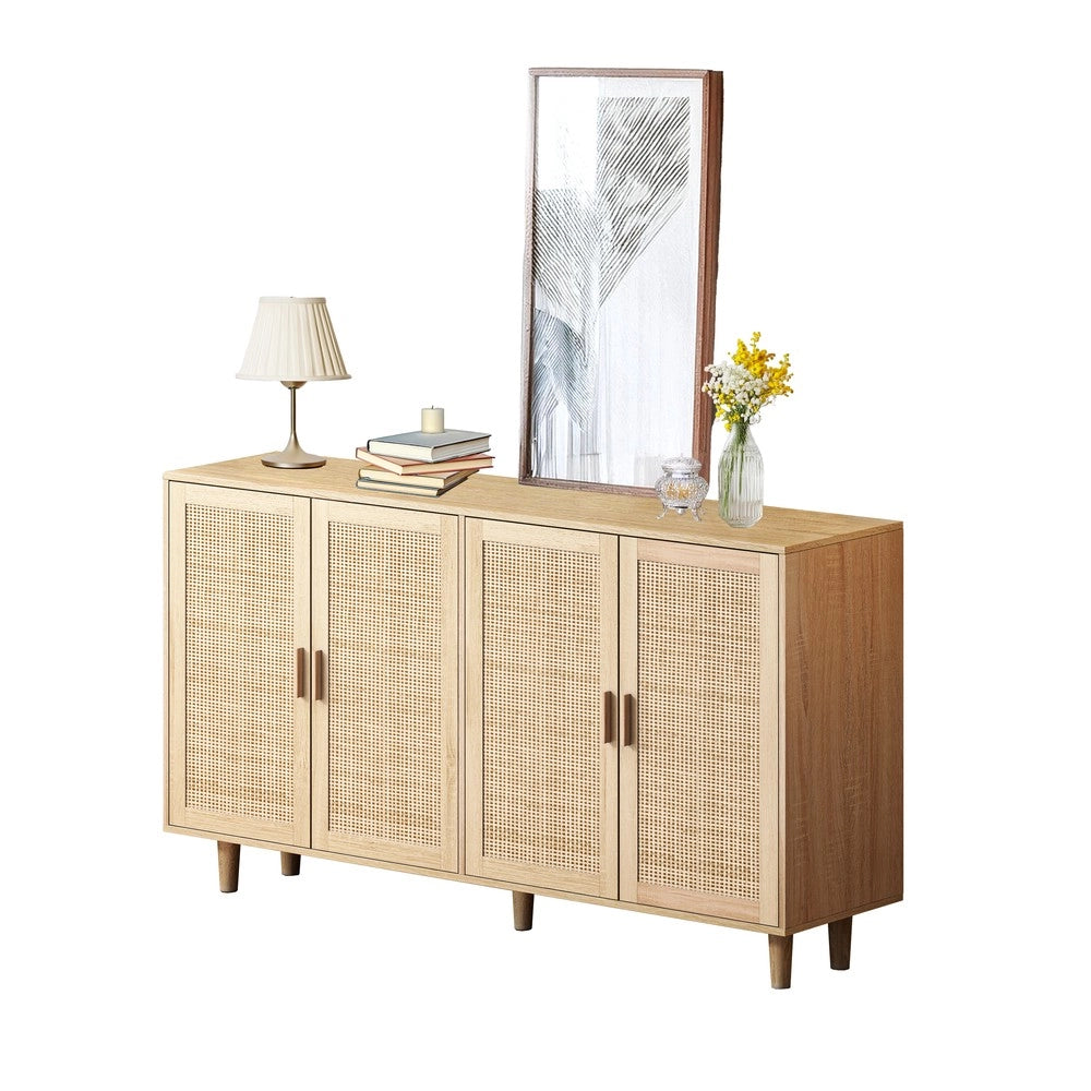 Armadio 4 Ante in Rattan ¨C MINIMAL ¨C Guardaroba con Ripiani, Bianco, 158 cm