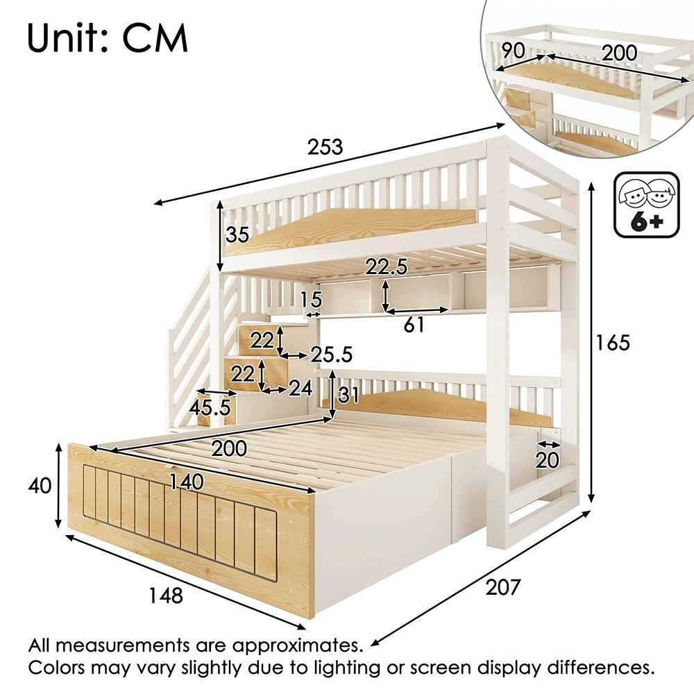 Letto a castello in legno per bambini - Xylo - 90x200 & 140x200 cm - Bianco e naturale - Con spazio di archiviazione idraulico, armadio con scala, barriera di sicurezza e porta USB-C