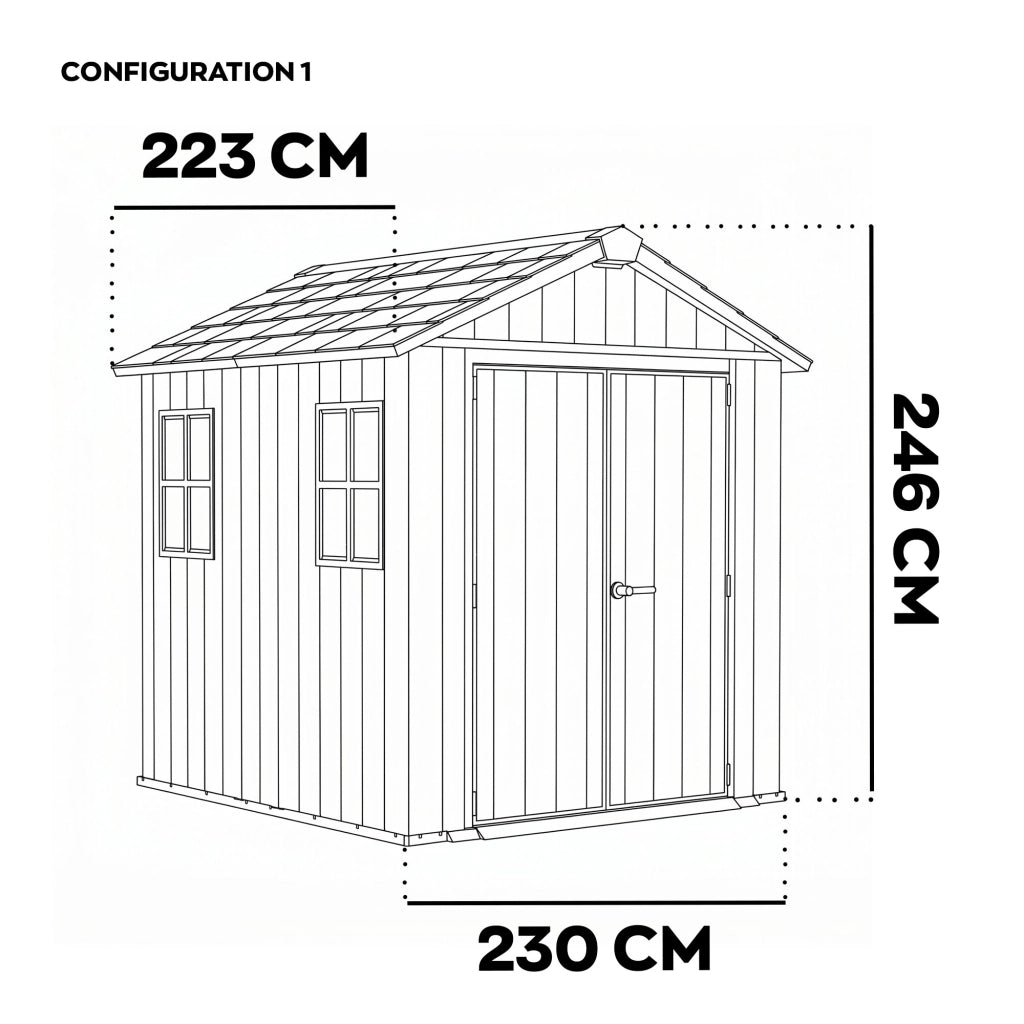 Newton + 757/775 - Casetta da Giardino 223x246x230 cm 2 Ante per deposito attrezzi finitura effetto legno Evotech+ in Resina Grigio e Nero