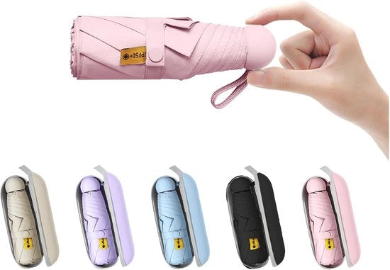 Parasole pieghevole - Parasole da viaggio - per in tasca - con fodera - Piccolo - compatta protezione UV - Leggero - piccolo contenitore di stoccaggio - rosa