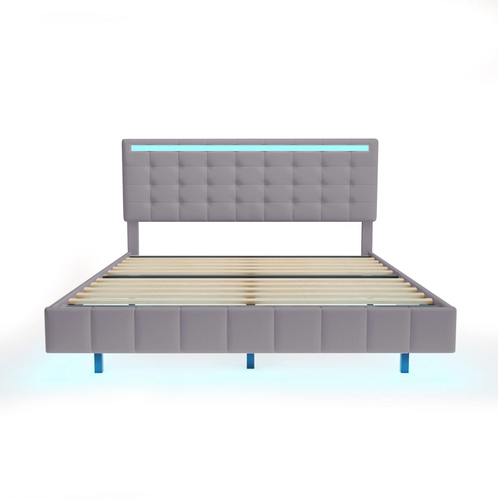 OKWISH Letto Imbottito 140×200 cm, Letto Matrimoniale con Piedini Nascosti, LED Regolabile e Testiera, senza Materasso, Grigio