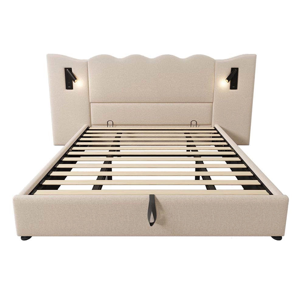 Letto matrimoniale imbottito con cassone - Xylo - 180??200 cm - Beige - Luce lettura USB-C