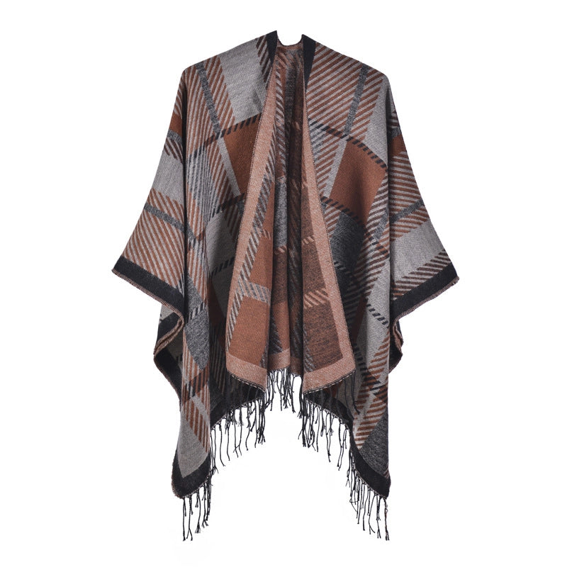 Sciarpa/mantello da donna con spacco e nappe, fantasia a quadri classica, extra large, spessa e calda, lavorata a maglia.