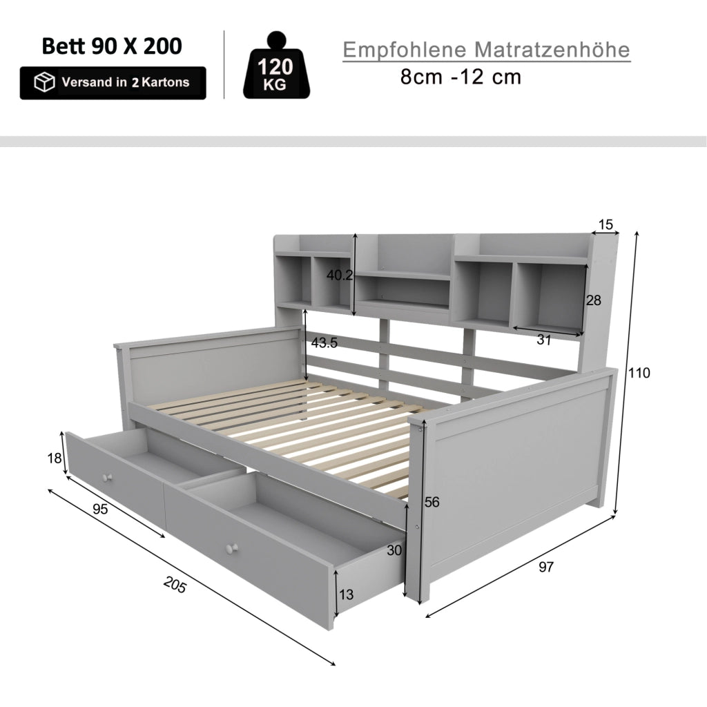 Divano letto multifunzionale 90x200 cm in legno massiccio grigio con cassetti e vani contenitore