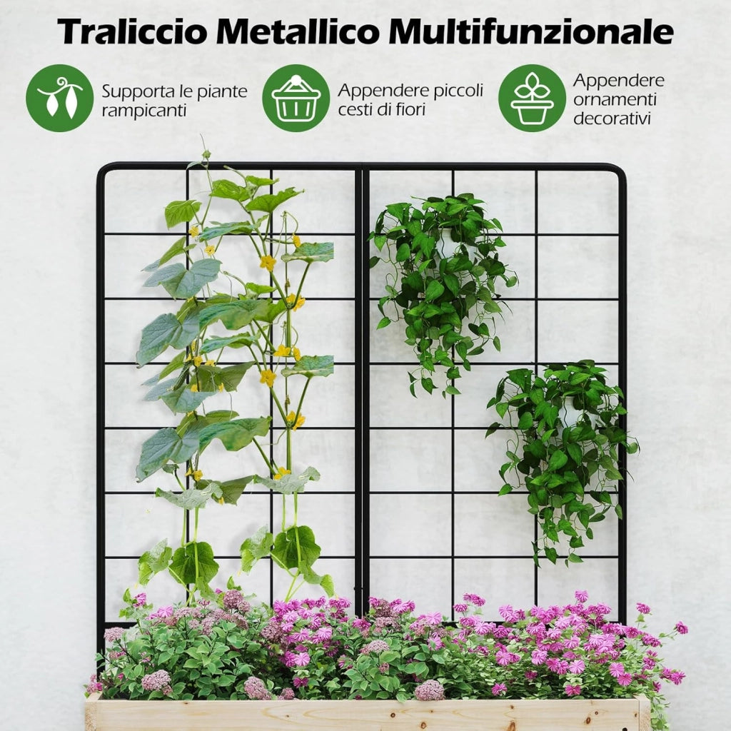 Letto da Giardino Rialzato con Traliccio in Metallo e Drenaggio, Fioriera in Legno Sopraelevata per Piante Rampicanti, Fioriera da Interno ed Esterno per Patio, Balcone e Cortile