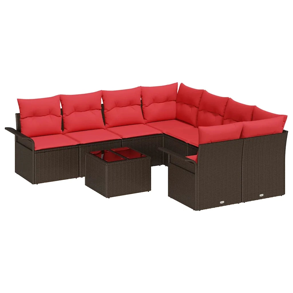 Set Divano da Giardino 9 pcs Marrone e Rosso polyrattan