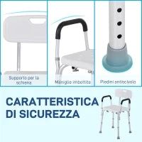 Sedia per Doccia in Alluminio con Altezza Regolabile e Piedini Antiscivolo, 51.5x51.5x71-84cm, Bianco