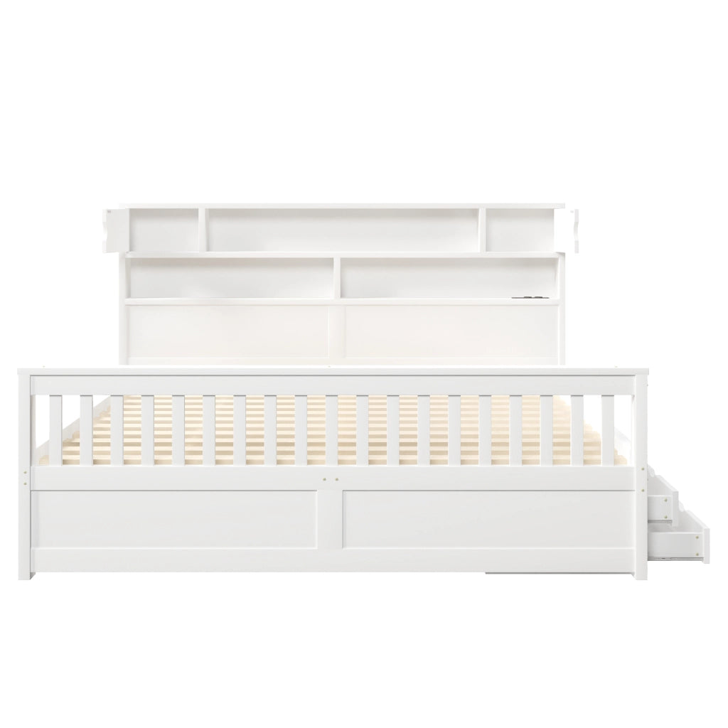 DESMIU Letto matrimoniale 180 × 200 cm con 4 cassetti, LED, USB e ripiani, senza materasso, bianco