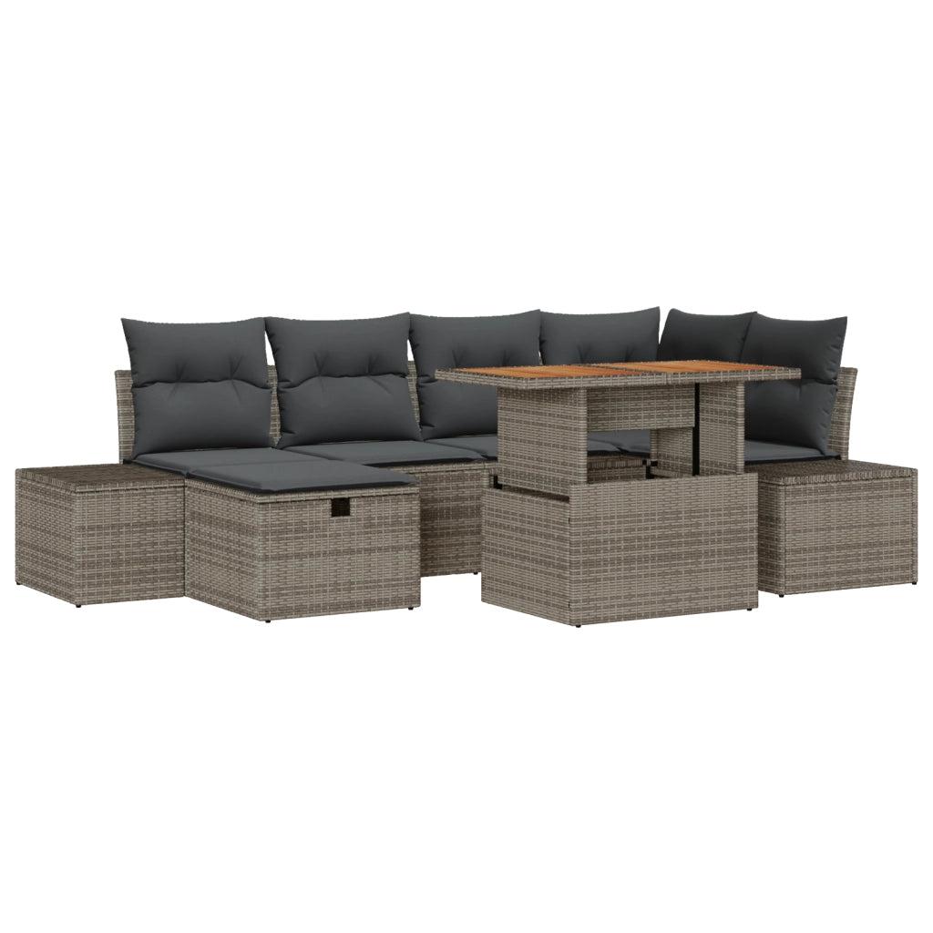 Set 7 Pezzi Pranzo Giardino con Cuscini Grigio Rattan Polimerico Acacia