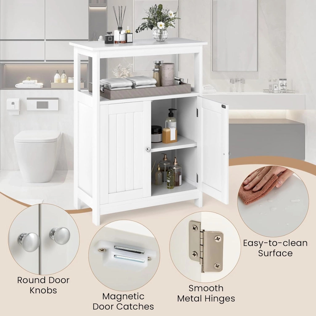 Armadietto da bagno con ripiano aperto e doppia porta, 60 x 30 x 80 cm, con sistema di sicurezza ribaltabile, armadietto multiuso per soggiorno, bagno e cucina (bianco)