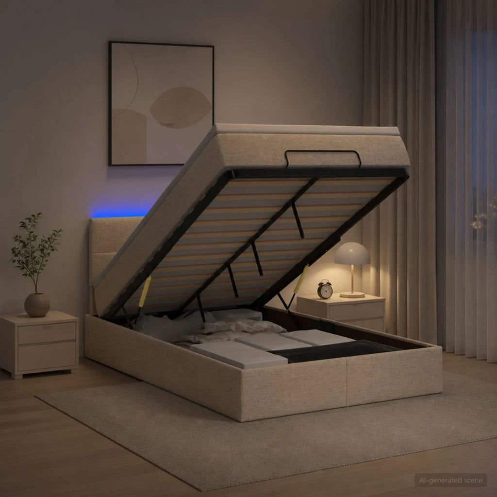 Letto Ottomano con Materasso e LED Crema 120 x 190 cm Tessuto 3456896