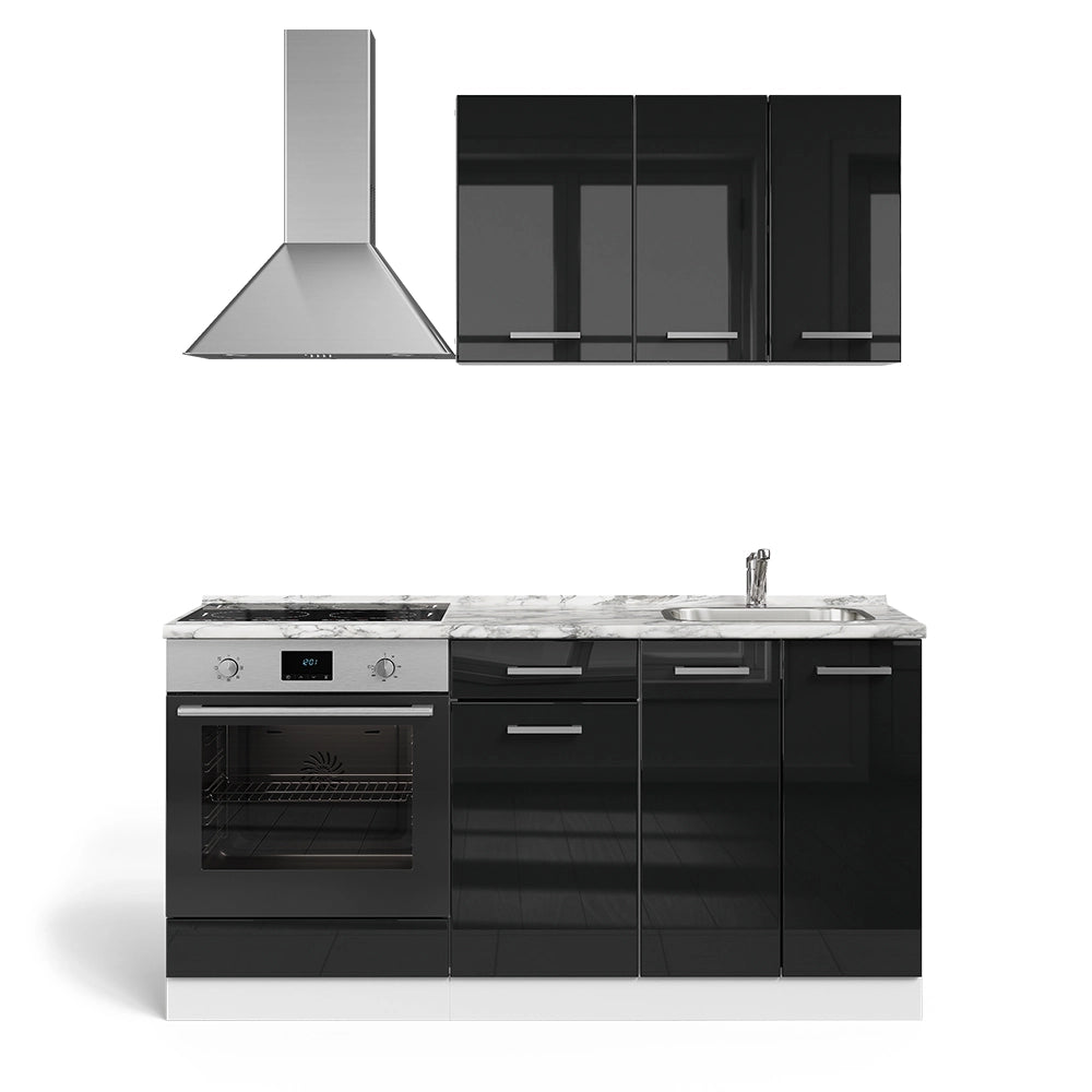 Vicco Cucina completa Nero lucido/bianco 160 cm con base forno e lavello con PT