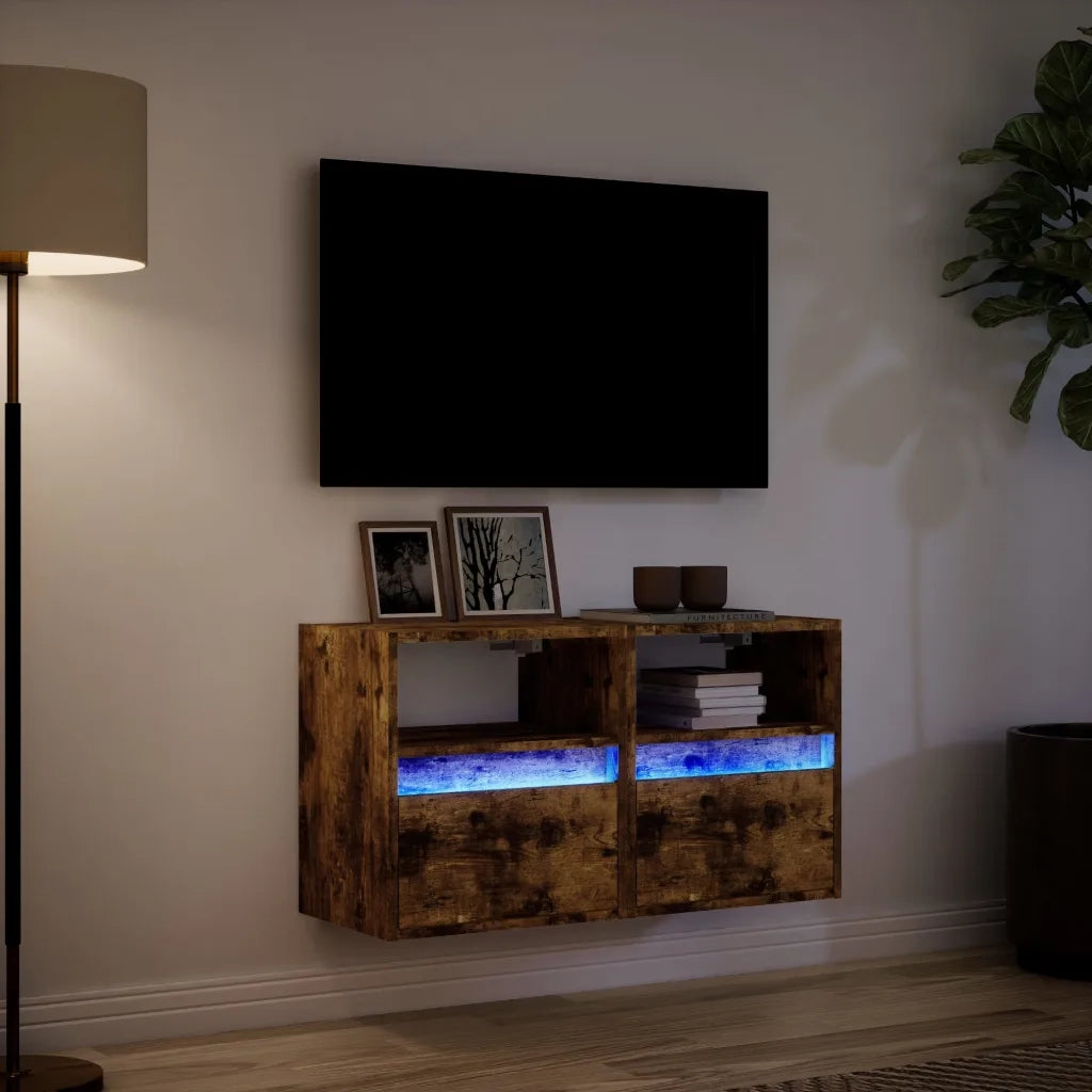 Mobili TV a Parete con Luci LED 2pz | Armadietto TV | Mobile Porta TV Rovere Fumo 41x31x45 cm