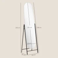 Specchio da Terra a Corpo Intero Senza Cornice, con Supporto in Metallo, 160x40 cm, Nero