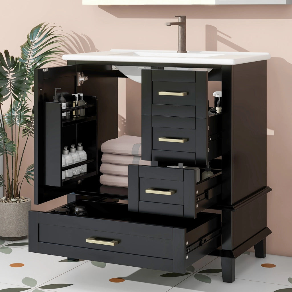 Mobile bagno freestanding con lavabo in ceramica integrato, nero, 76x45,5x83,5 cm