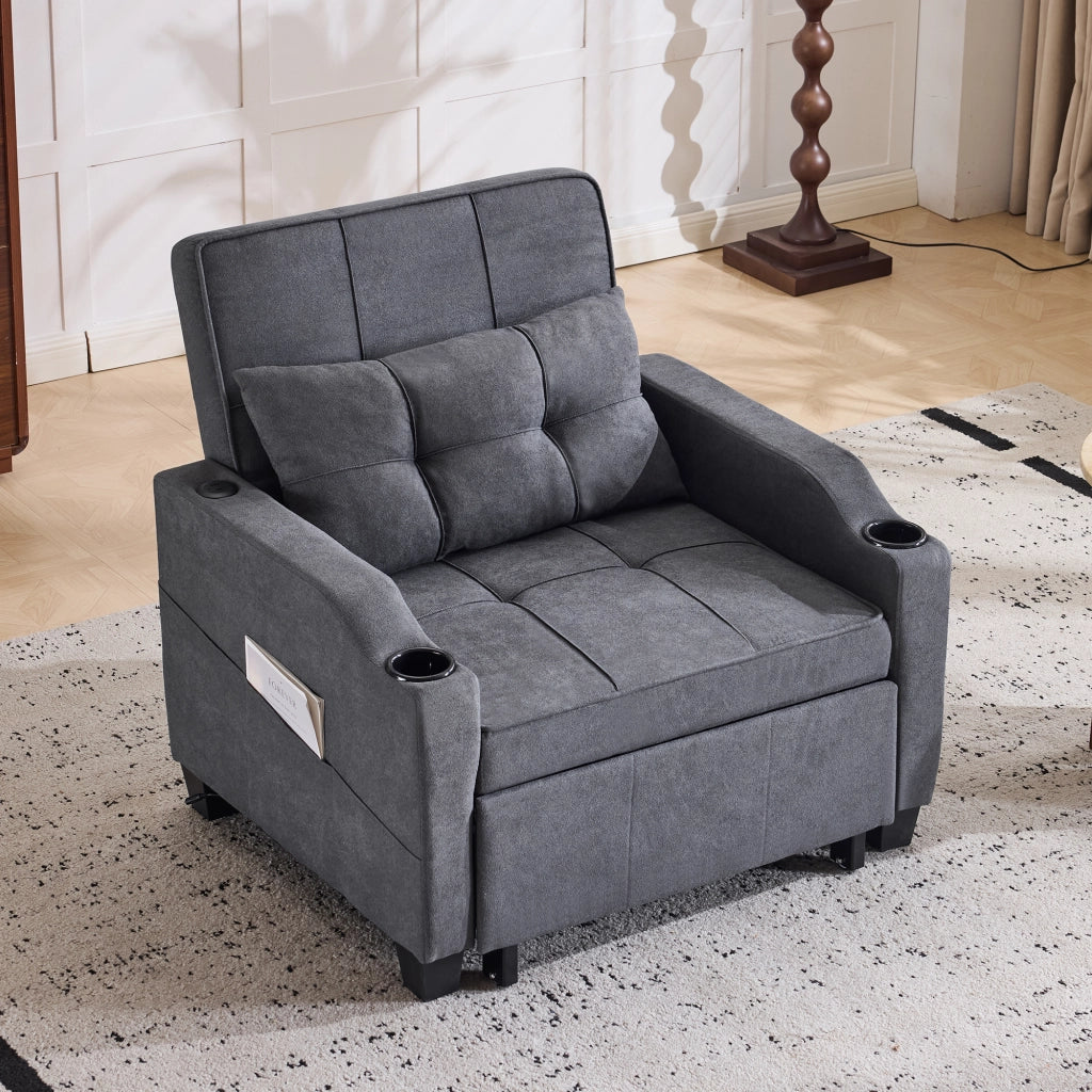 Poltrona letto 3 in 1 con schienale regolabile, porta USB, porta bicchieri e tasca laterale, grigio scuro 74 × 87 × 84 cm