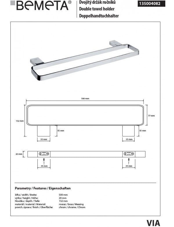 Portasciugamani doppio VIA ottone cromato 50 x2 x13,2 cm
