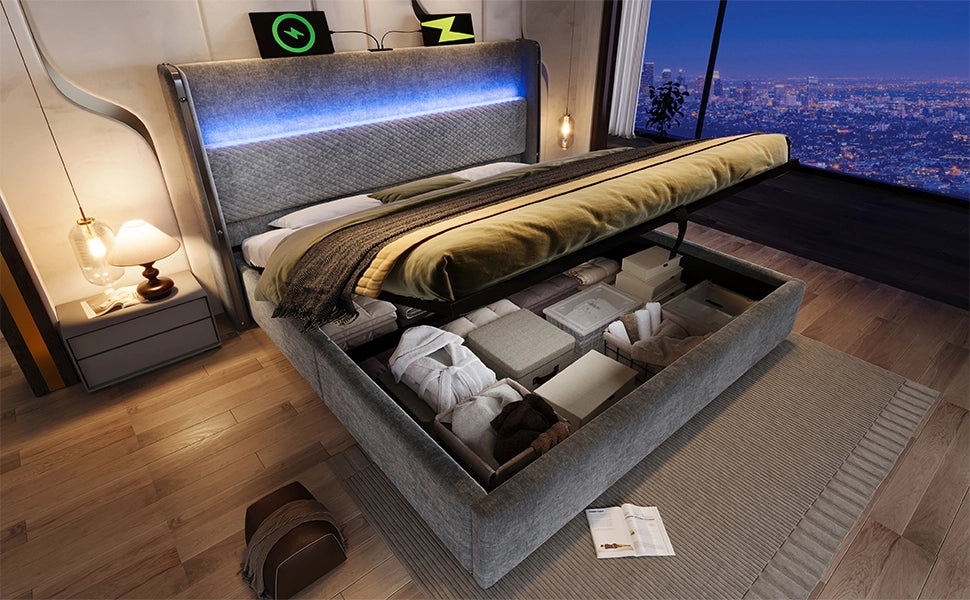 DESMIU Letto contenitore 140 × 200 cm 2 posti con LED, USB e Type-C, senza materasso, in lino, grigio
