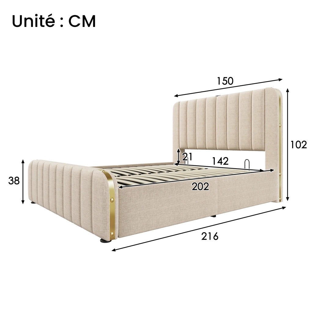 Letto Contenitore 180×200 cm; Letto Matrimoniale con USB; Tipo C e LED Regolabile; Senza Materasso; Beige