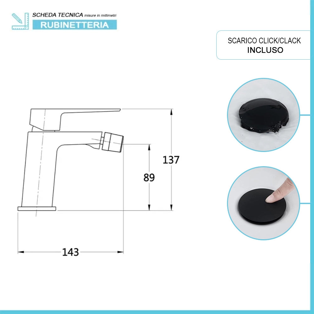 Set di rubinetti lavabo alto e bidet nero opaco con piletta Kubo