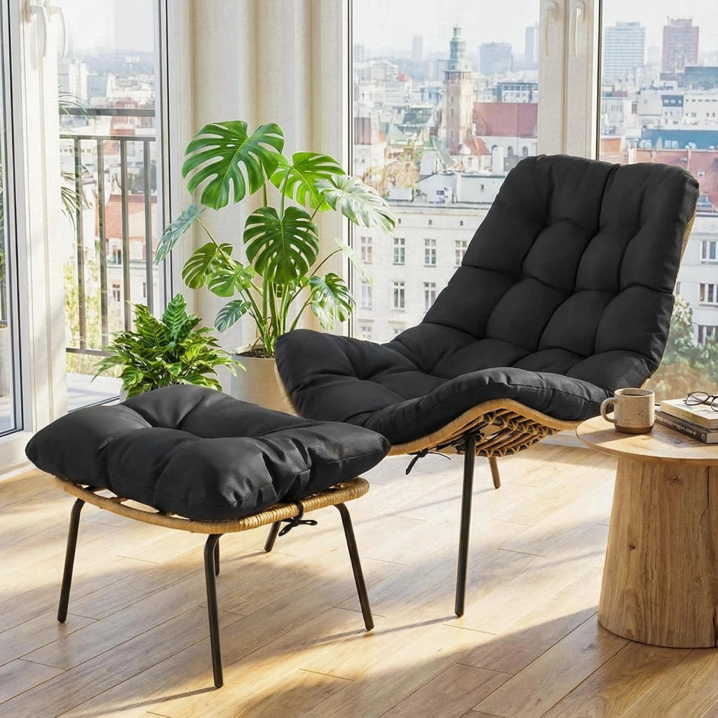 Sedia a sdraio con sgabello, in rattan, resistente alle intemperie, fino a 120 kg, poltrona da balcone con cuscino rimovibile, cuscino impermeabile, per giardino, balcone, soggiorno, cortile
