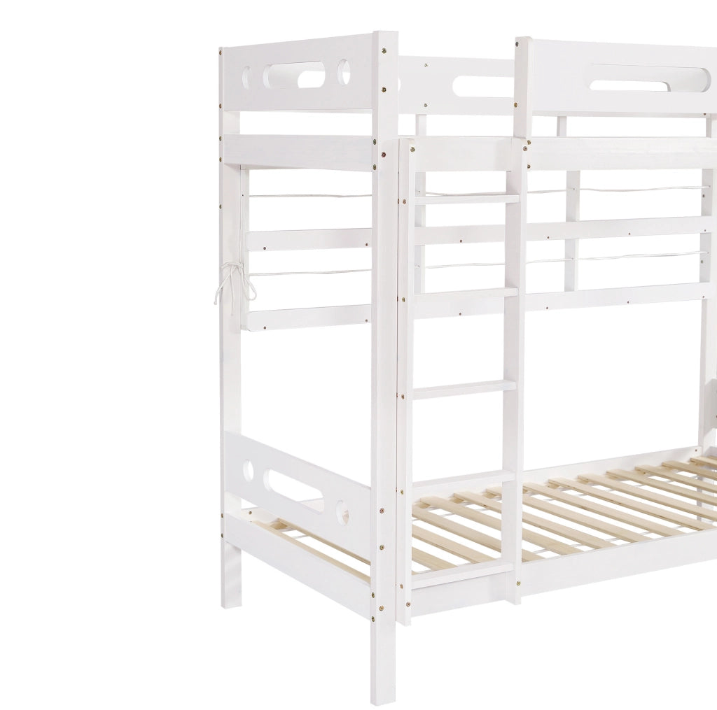 Letto a castello 90x200 cm bianco e naturale con scala a 5 gradini e mensole