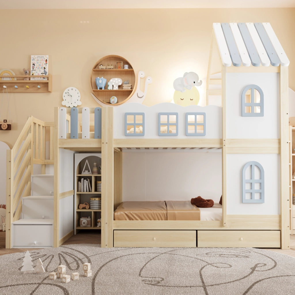 DESMIU Lit superposé 90 × 200 cm 2 posti con vano portaoggetti, scala, finestre, senza materasso, in legno, bianco