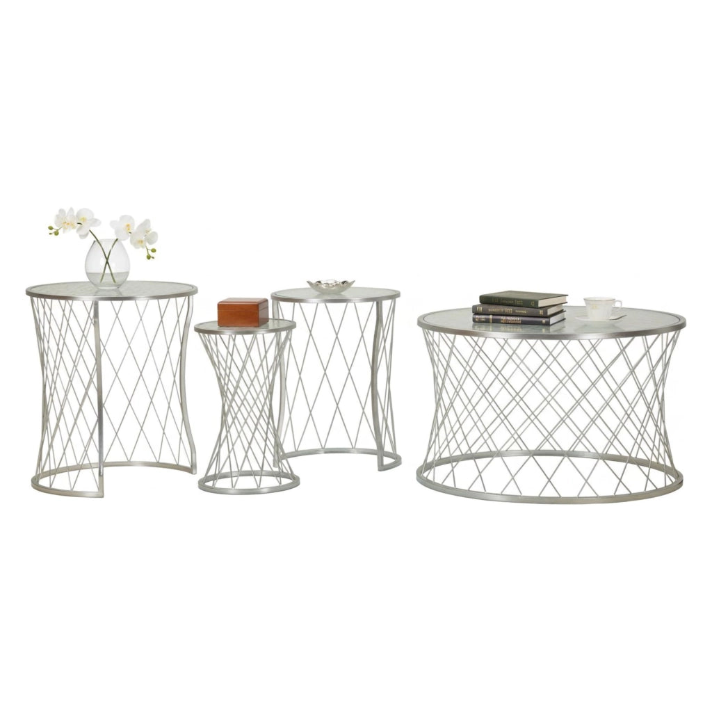 Set di 4 tavolini da salotto Cabiaglio, Tavolo basso da caffè, Portariviste per divano, Ripiano da soggiorno, 70x70 h55 cm, Argento