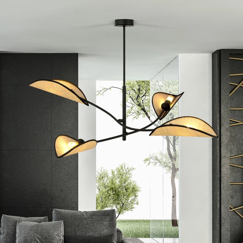 Lampada a sospensione Lotus in acciaio nero e rattan