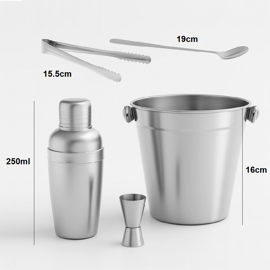Set 5pz Preparazione Cocktail Secchiello Shaker e Accessori Acciaio Inox Kit Barman