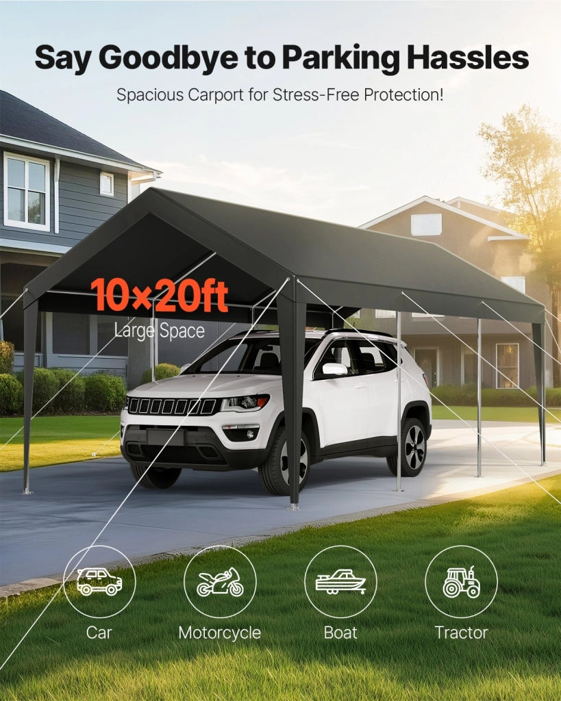 Tettoia per Auto e Barca 3,05 x 6,09 x 2,87 m, Tendone Garage Esterno con Pareti Rimovibili, Struttura in Acciaio Zincato e Telo PE, Grigio