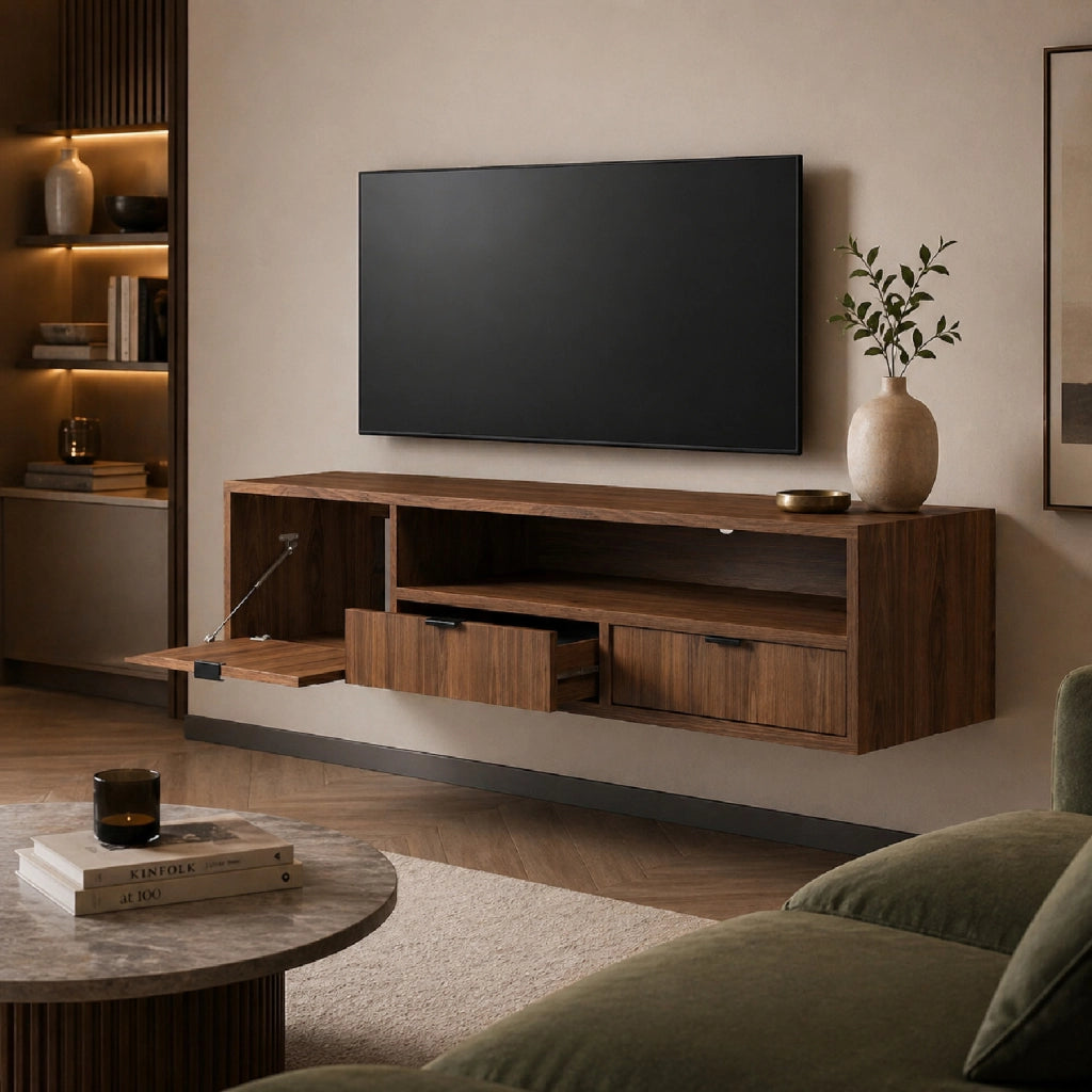 Mobile Porta TV Sospeso Con 1 Anta A Ribalta 2 Cassetti E Ampio Vano A Giorno Con Passacavo In Melaminico Per Soggiorno Design Moderno Contemporaneo 150 X 35 X 40 Cm Noce