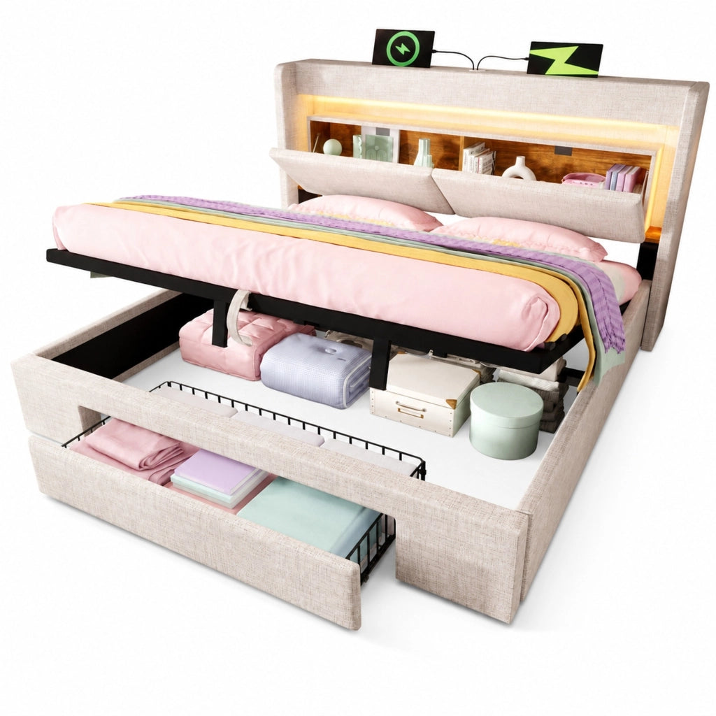 Letto imbottito 180x200 cm in lino beige con contenitore idraulico; LED; USB e USB-C