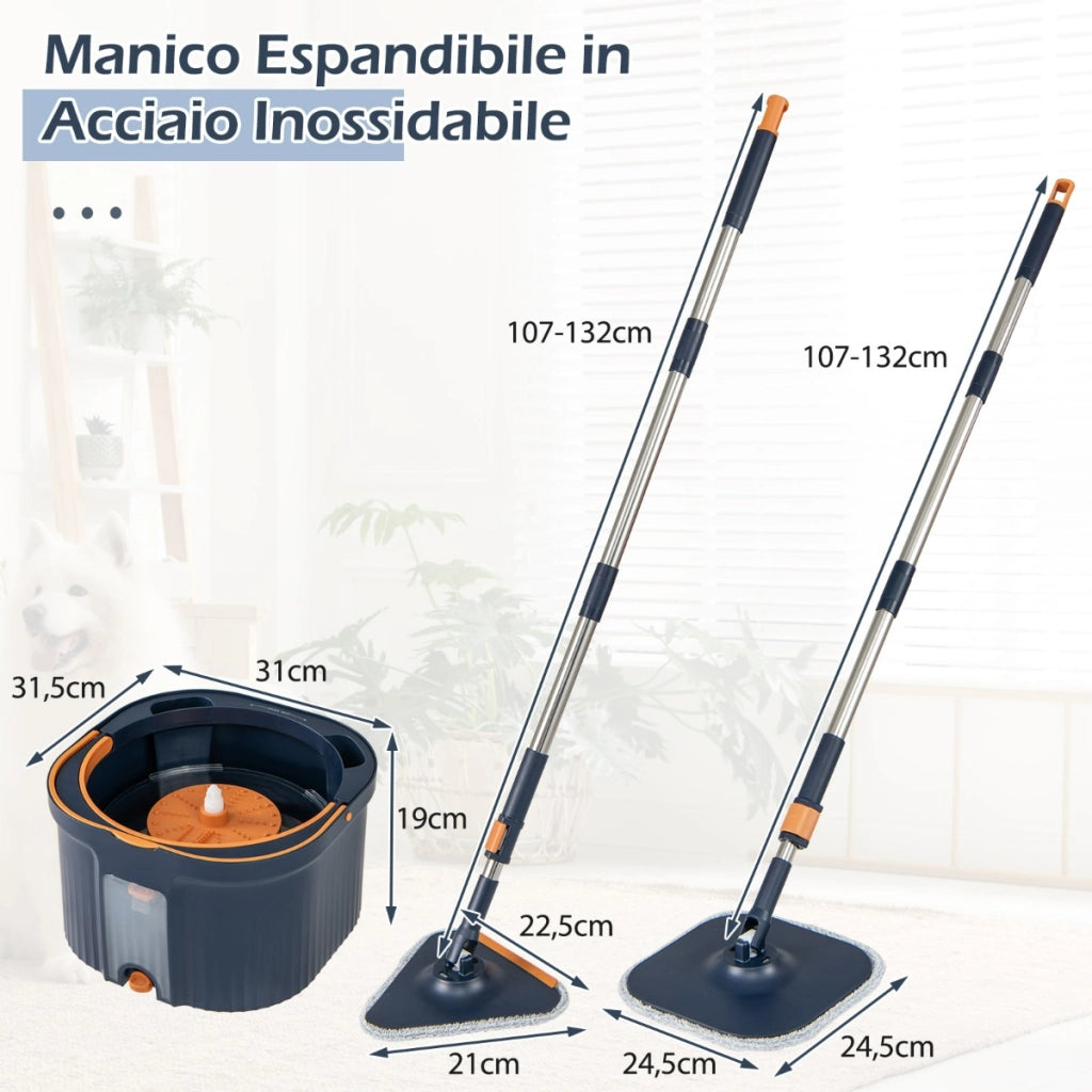 Teste mocio quadrata e triangolare con strizzatura automatica, Sistema di separazione acqua sporca e pulita Blu scuro