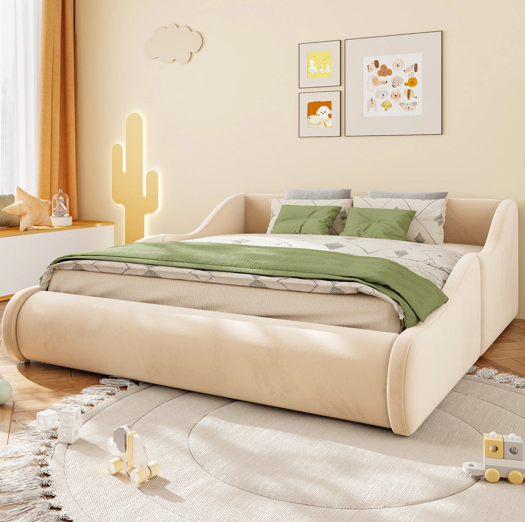 Letto per bambini imbottito 140x200 cm con testiera alta e sponde; beige